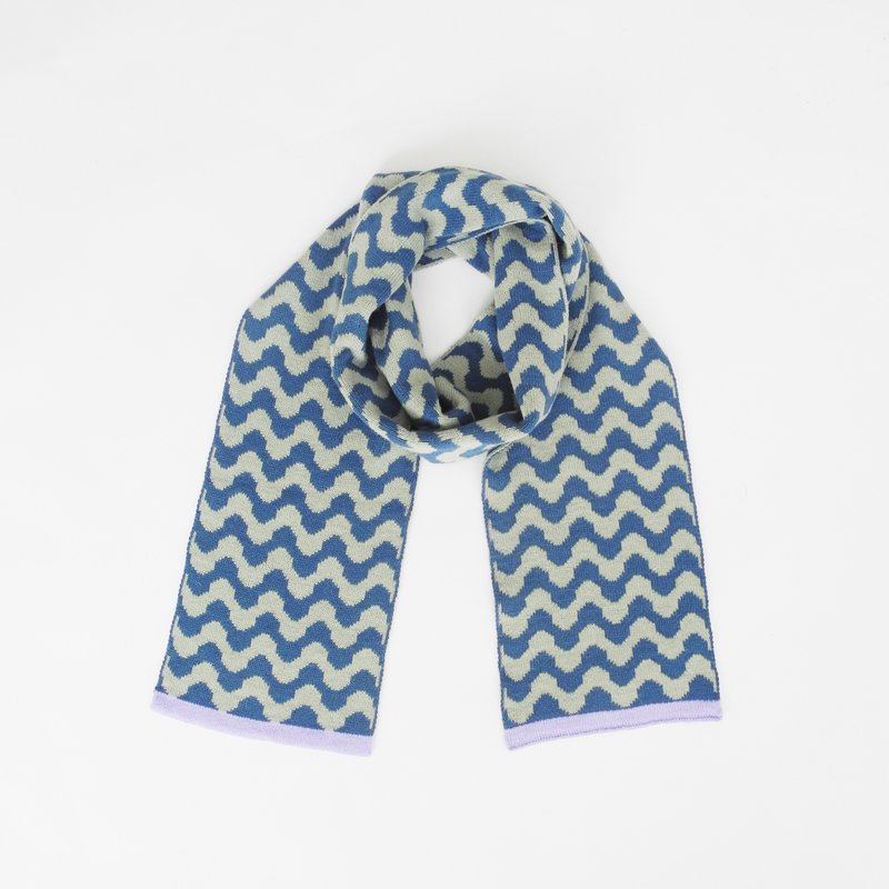 studio chiia 针织围巾- 波浪织纹 - 浅蓝 x 翠绿 - 围巾/披肩 - 聚酯纤维 蓝色