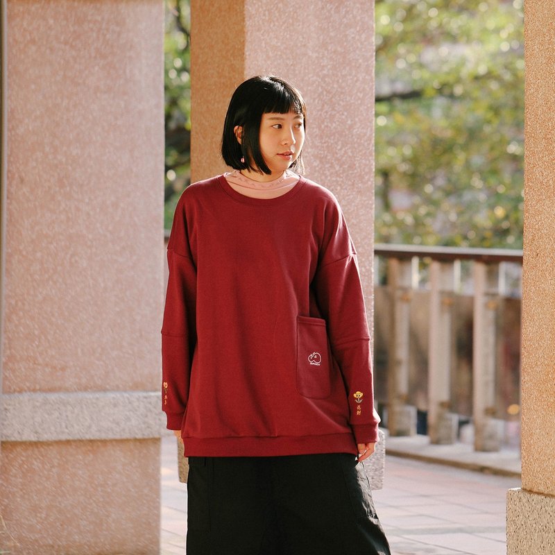 ( 新年首选 ! 伸手就能祝贺 ) BOPOMOO 恭喜花财tee 刺绣长袖tee - 女装上衣 - 棉．麻 红色