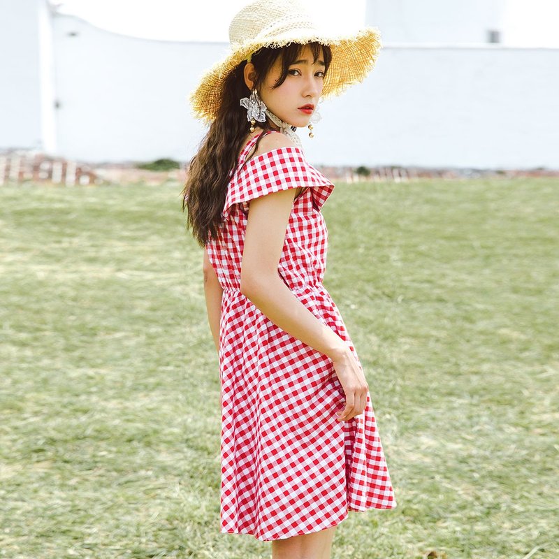 安妮陈新款日系甜美风格女装松紧腰连身裙 - 洋装/连衣裙 - 聚酯纤维 粉红色