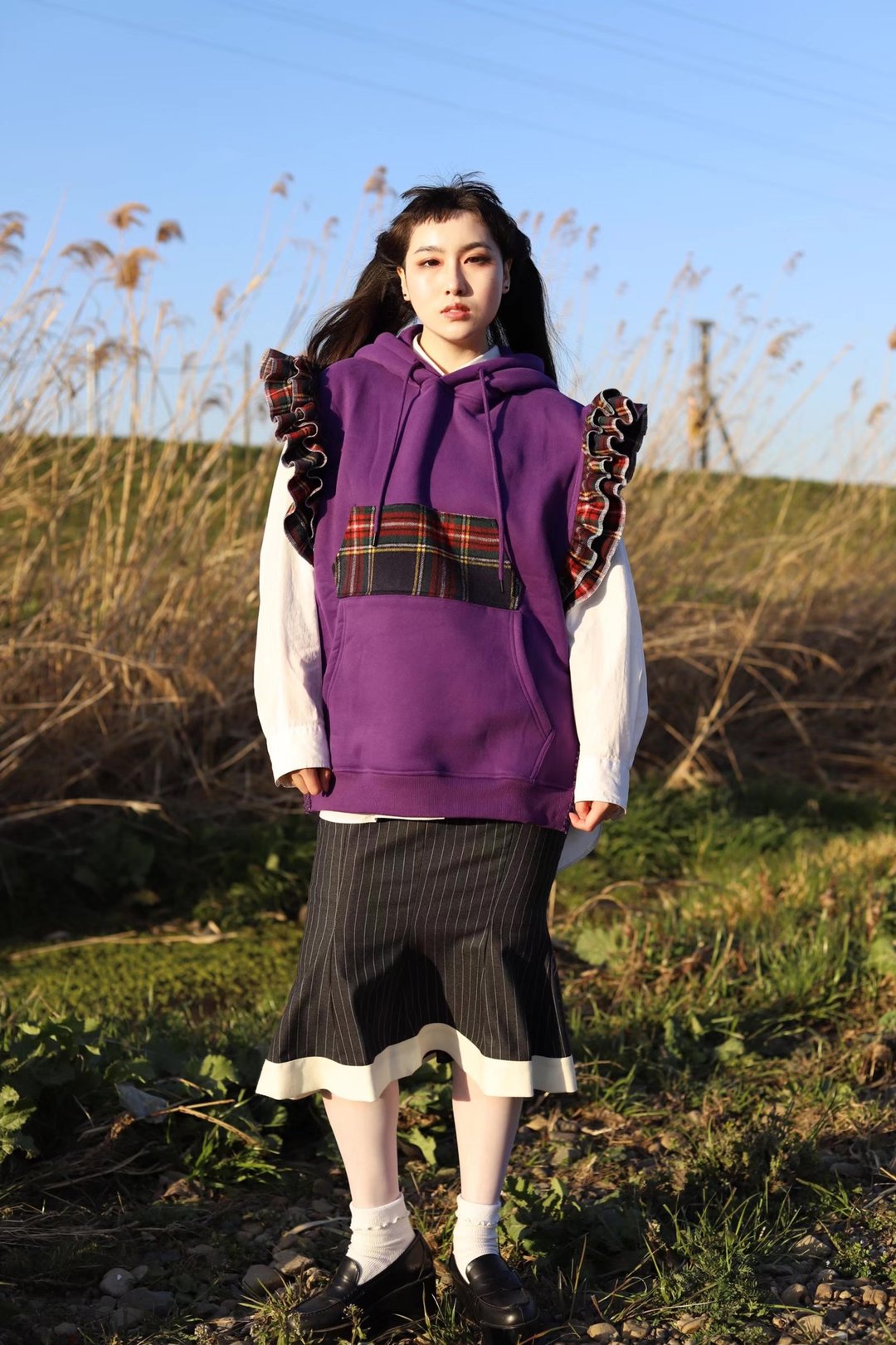 褶皱无袖卫衣紫meikeiin改造手作 - 女装上衣 - 棉 紫色