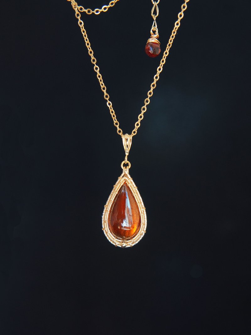 天然石榴石复古项链/简约天然石锁骨链/14kGF/新年首饰/不褪色 - 项链 - 半宝石 金色