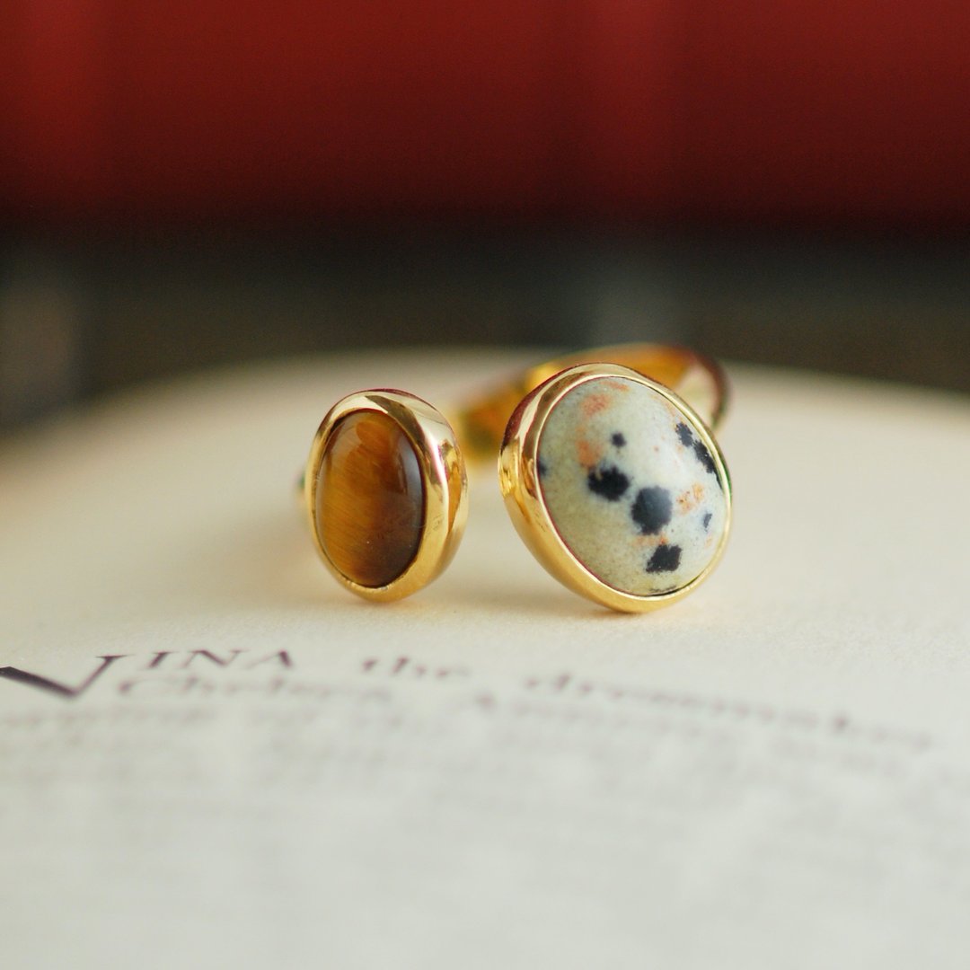 Dalmatian Jasper / Tiger Eye Double Stone Ring [Made-to-Order] - 戒指 - 半宝石 咖啡色