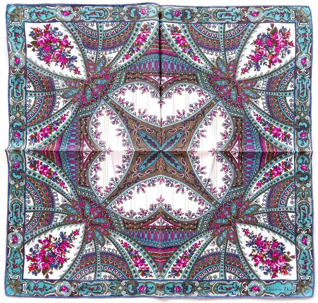 Christian Dior 古董手帕 – 华丽花卉与金线 21 x 20.5 英寸 - 手帕/方巾 - 棉 蓝色