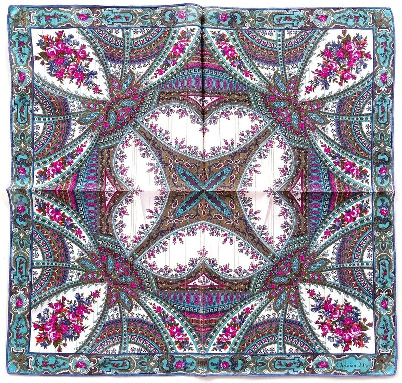 Christian Dior 复古手帕花卉图案 21 x 20.5 英寸 - 手帕/方巾 - 棉．麻 蓝色