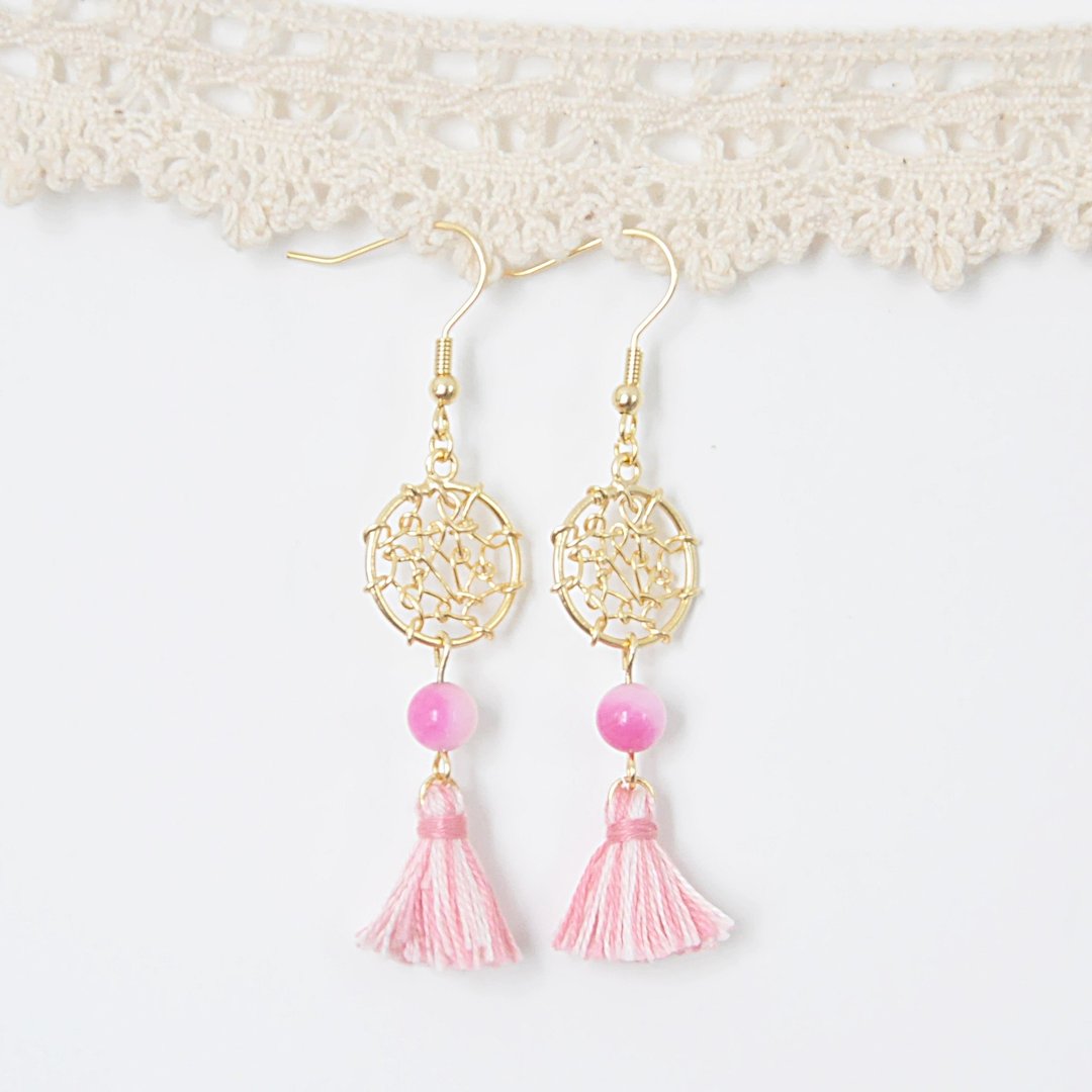 爱情捕梦网 耳环 蜜桃玉髓 Love Dream Catcher Earrings Peach Chalcedony - 耳环/耳夹 - 宝石 粉红色