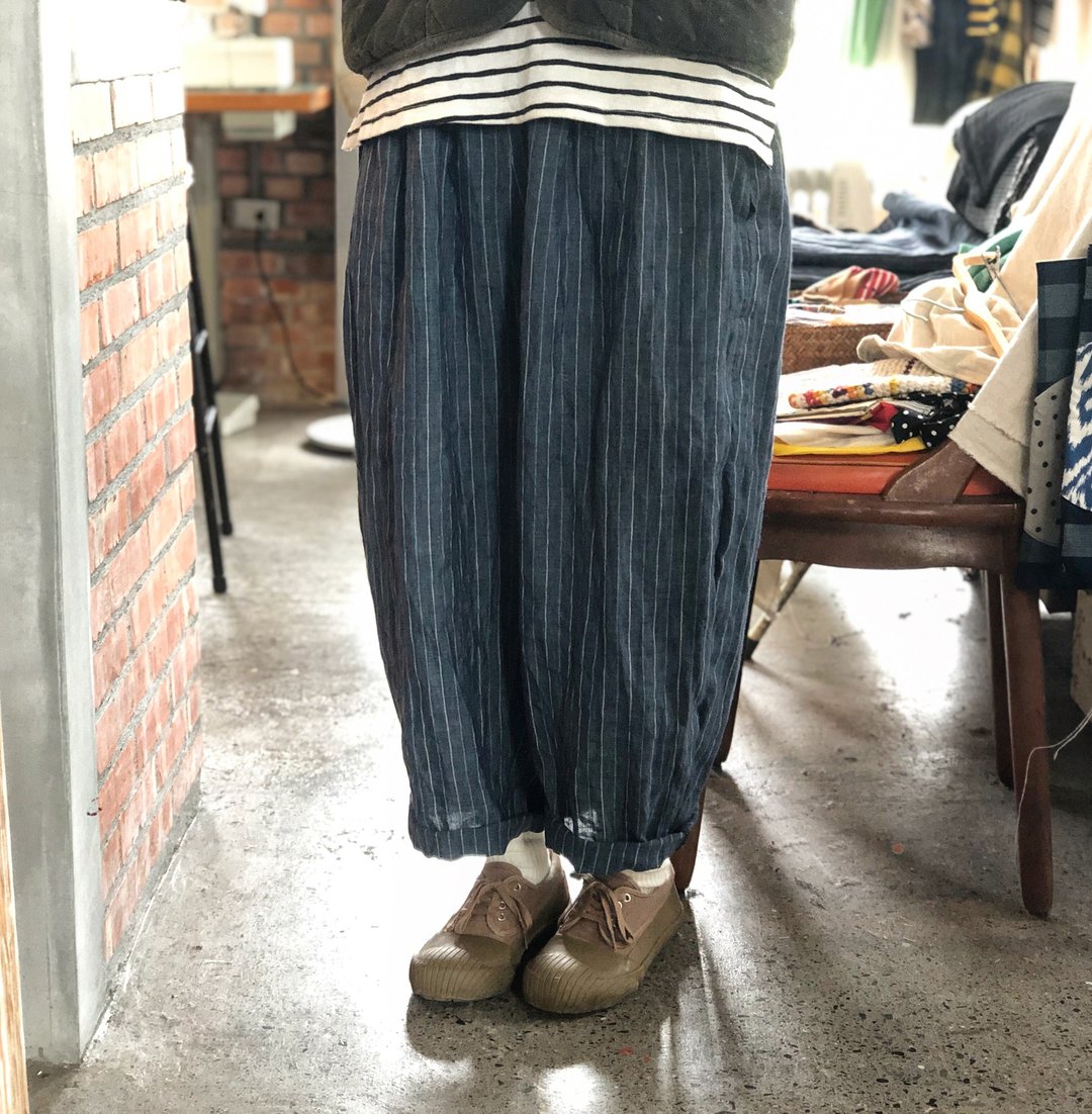 砂洗条纹亚麻空气感澎澎宽裤 - 女装长裤 - 棉 多色