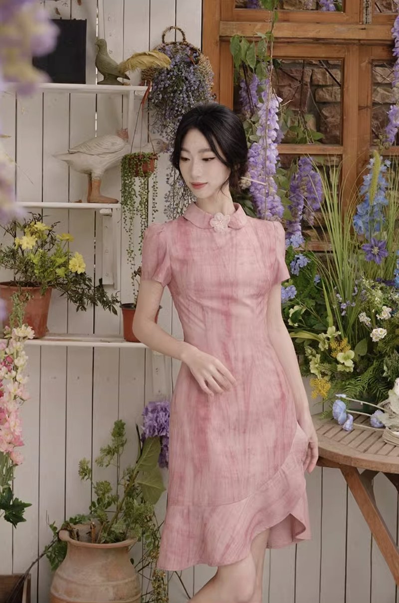 桃黛 扎染改良旗袍连身裙 手工製 - 洋装/连衣裙 - 其他材质 粉红色