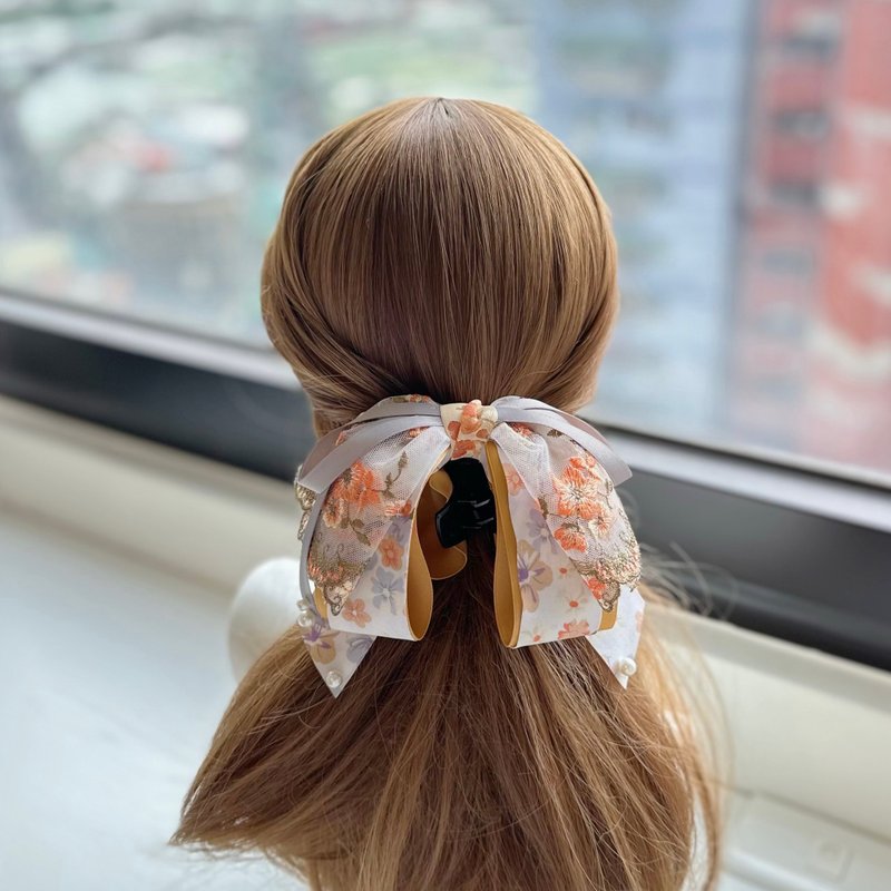 独家蕾丝蝴蝶结鲨鱼夹相交夹马尾夹发夹发饰-古典粉橘 - 发饰 - 其他材质 橘色