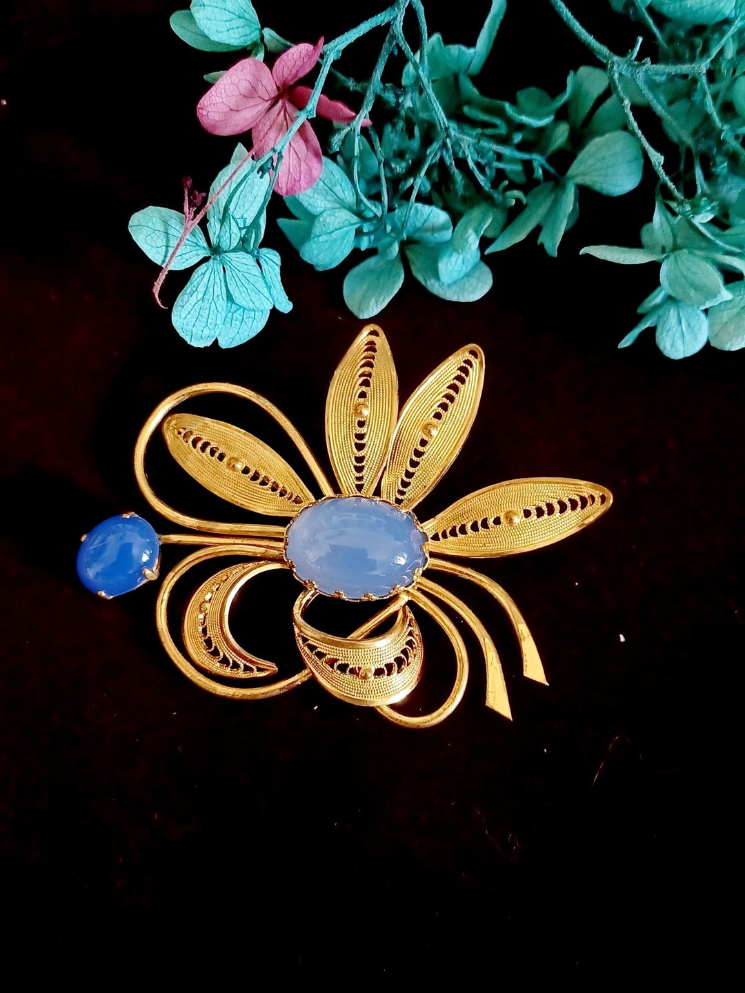 vintage jewelry 西德时期 古董金色掐丝琉璃花卉别针 胸针 - 胸针 - 其他金属 