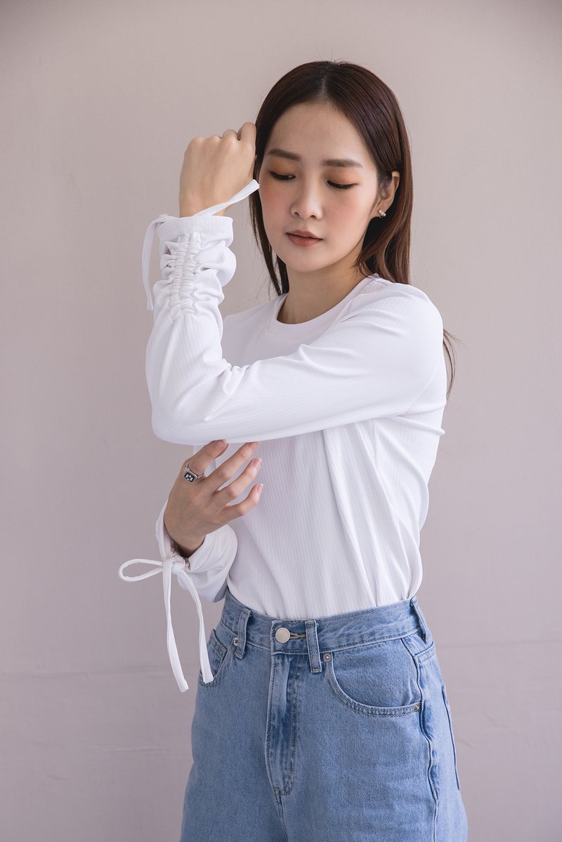 Lalameet 2B054/ 简约个性抽绳圆领上衣 - 女装上衣 - 聚酯纤维 白色