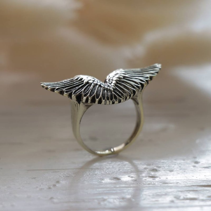 angel wing ring silver sterling GOTHIC SILVER Bird fly Biker gift for her women - 戒指 - 其他金属 银色