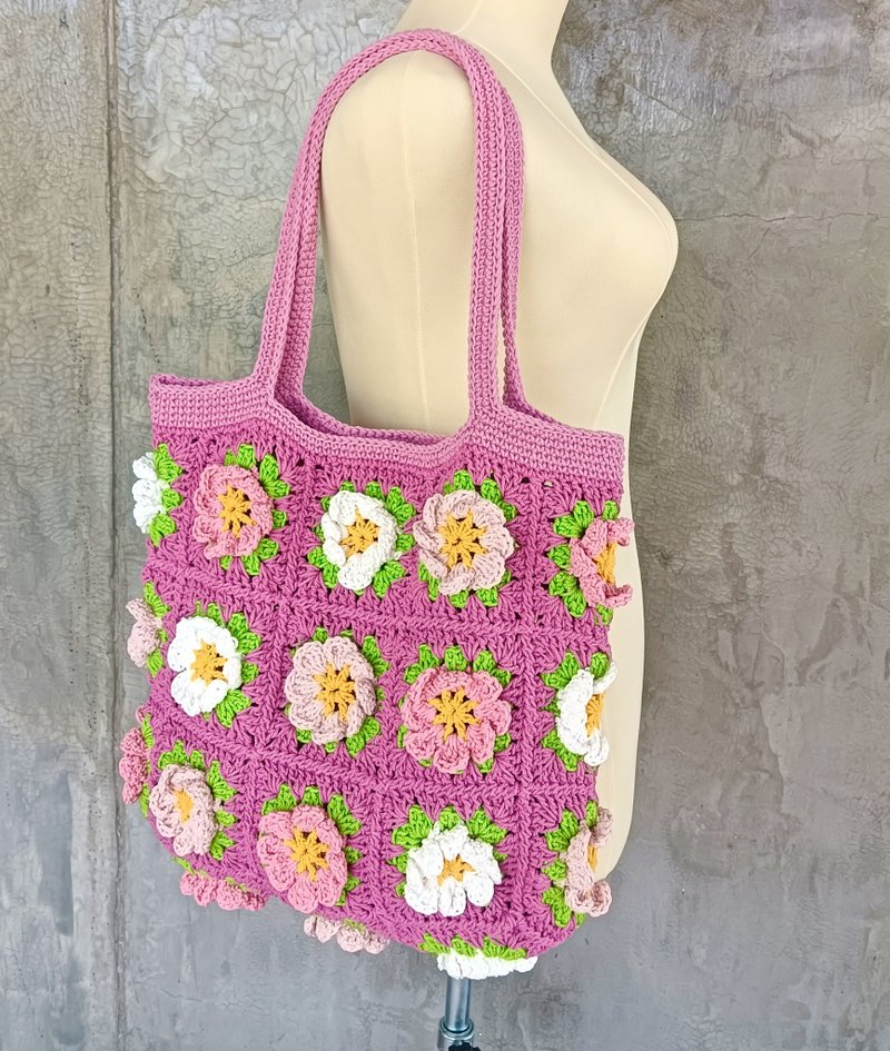 Granny Square 花朵编织包 - 手提包/手提袋 - 棉．麻 