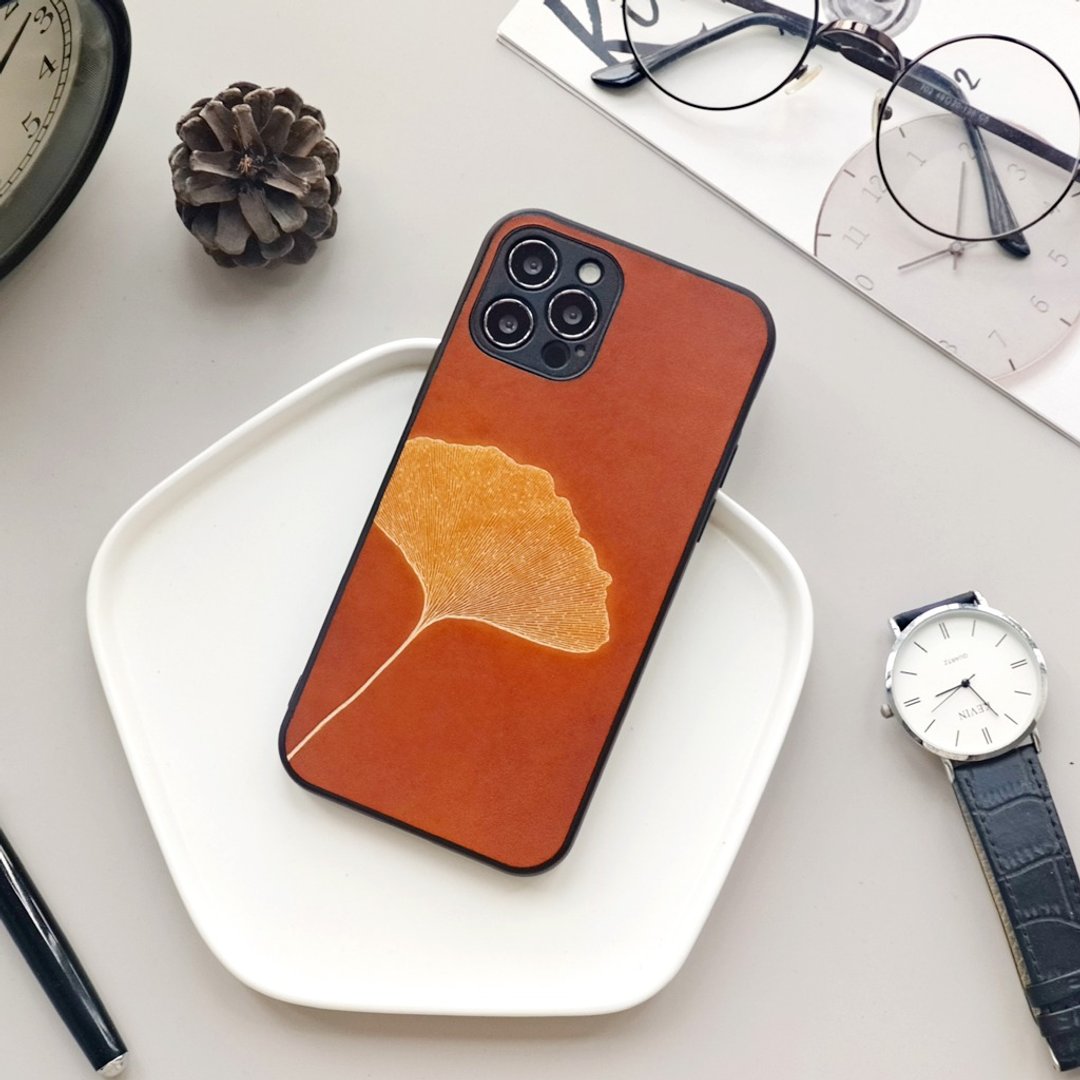 琥珀色银杏iphone13promax手机壳真皮12pro手机套78plus/11max/xs - 手机壳/手机套 - 真皮 橘色