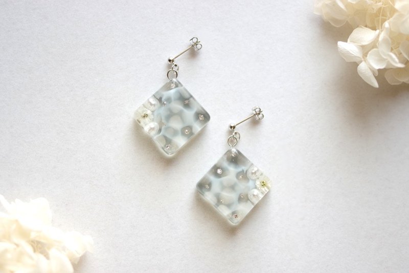 树脂艺术方形耳环・水纹・灰色 - 耳环/耳夹 - 树脂 灰色