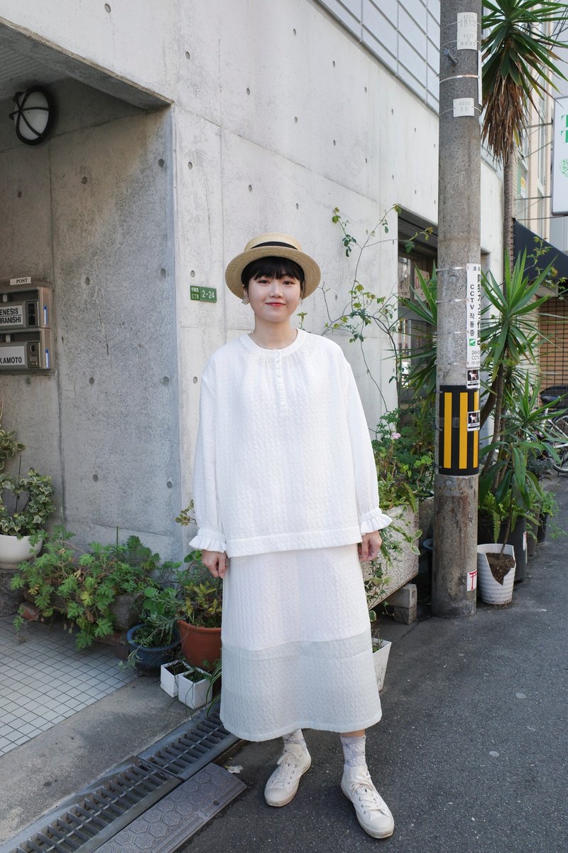 双色暗纹布料搭拼半身裙 吊带裙 - 裙子 - 聚酯纤维 白色