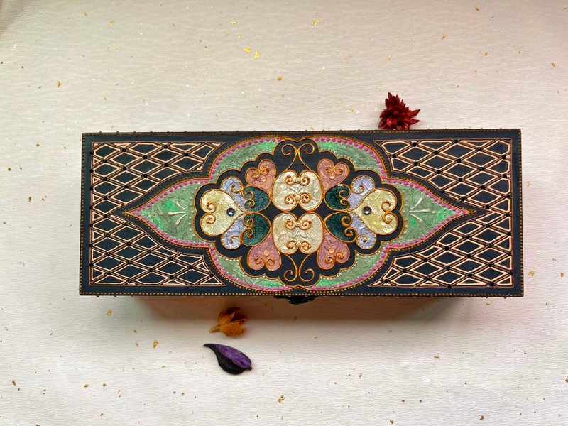 长方形内三格手绘雕花朵木盒/HENNA/曼陀罗/民族风 - 摆饰 - 木头 粉红色