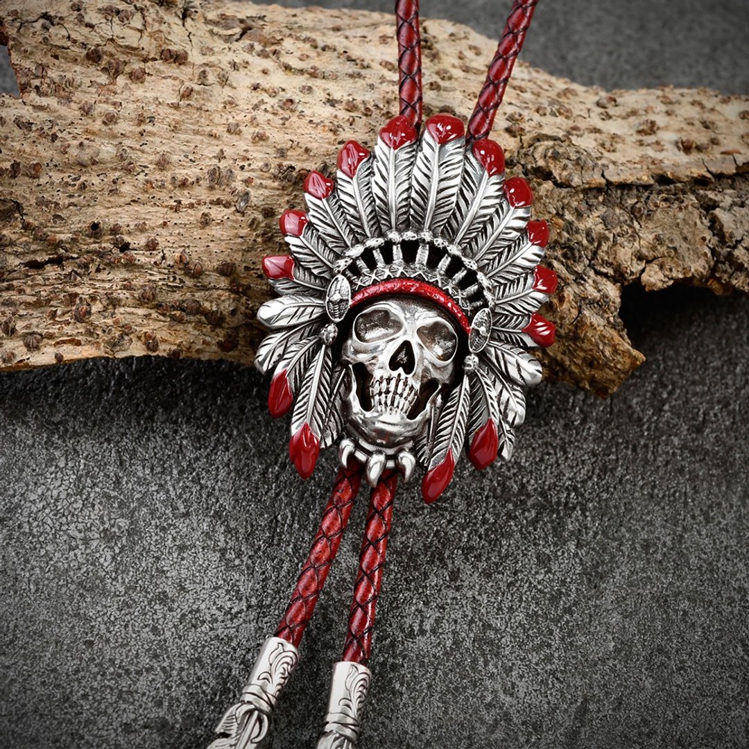 印地安骷髅酋长  保罗领带 Bolo Tie 真皮 皮革项链 皮绳领带 - 领带/领带夹 - 真皮 红色