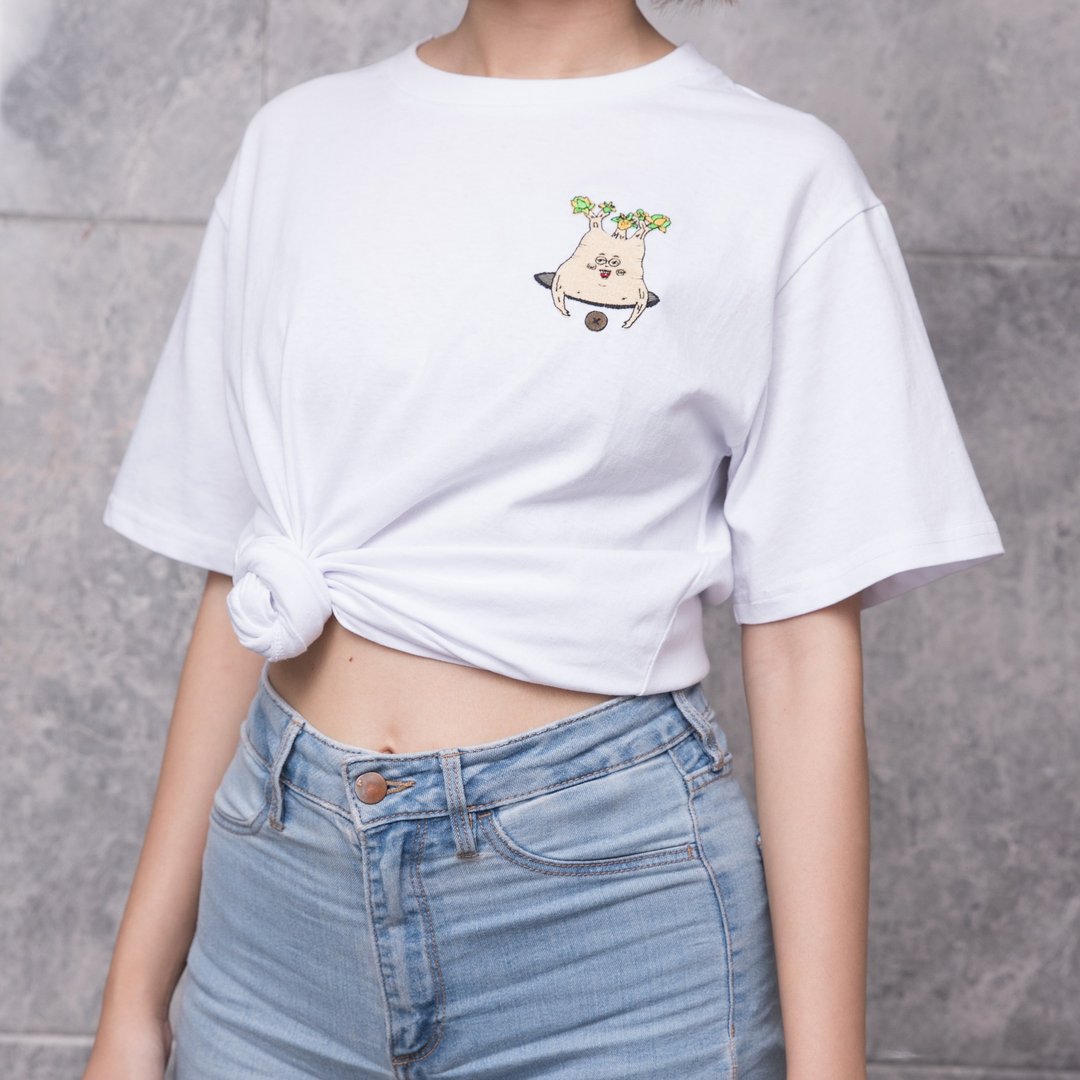 戴眼镜的象牙君刺绣上衣 T-shirt - 中性连帽卫衣/T 恤 - 棉 白色