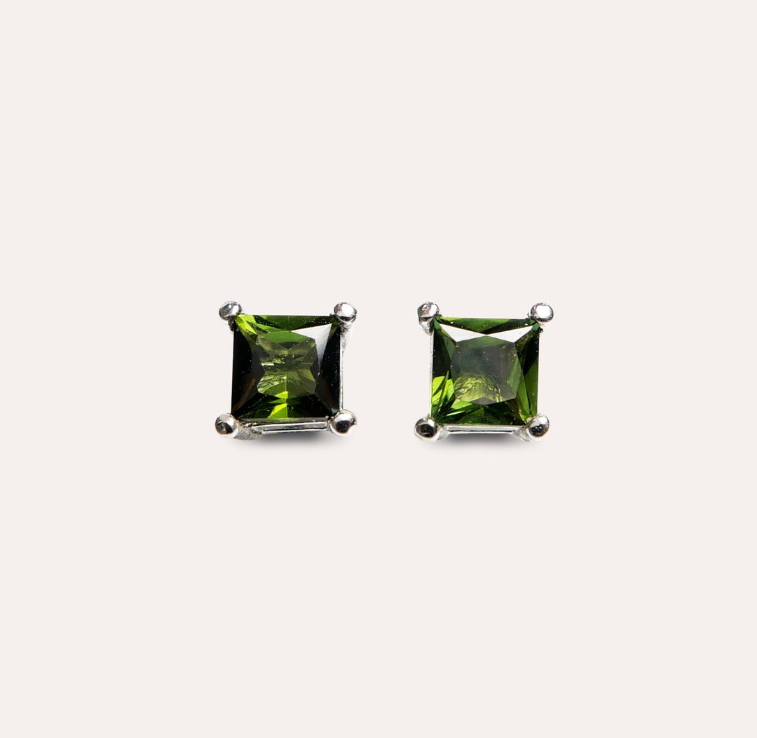 AND 碧玺 绿色 方形 5mm 耳环 经典系列 Square E 天然宝石 - 耳环/耳夹 - 银 绿色