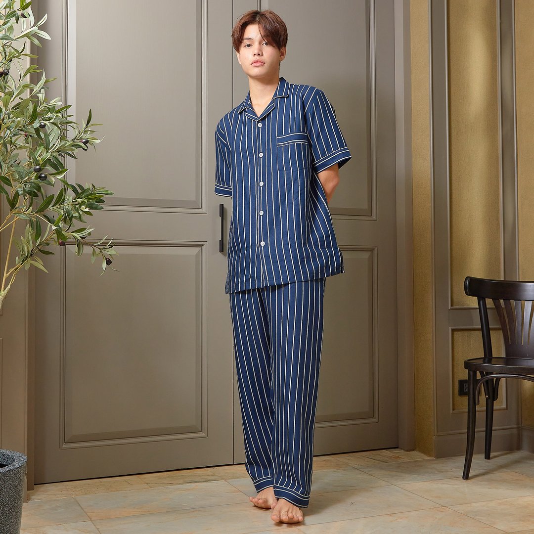 Linen Pajamas Short sleeve with Pants - 居家服/睡衣 - 亚麻 蓝色