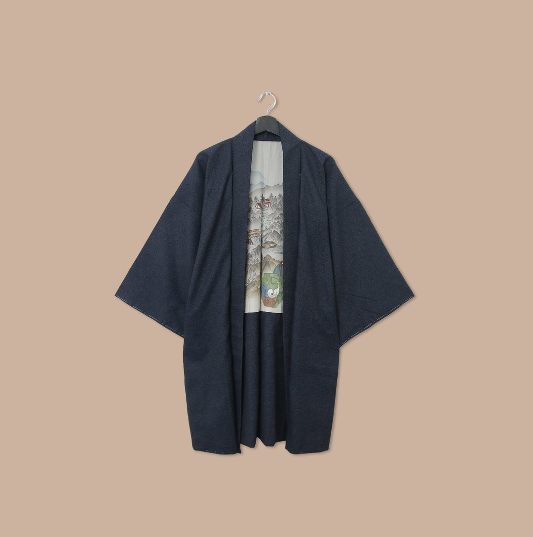 Back to Green-日本男款羽织 山林秘境 m-06/vintage kimono - 男装外套 - 丝．绢 