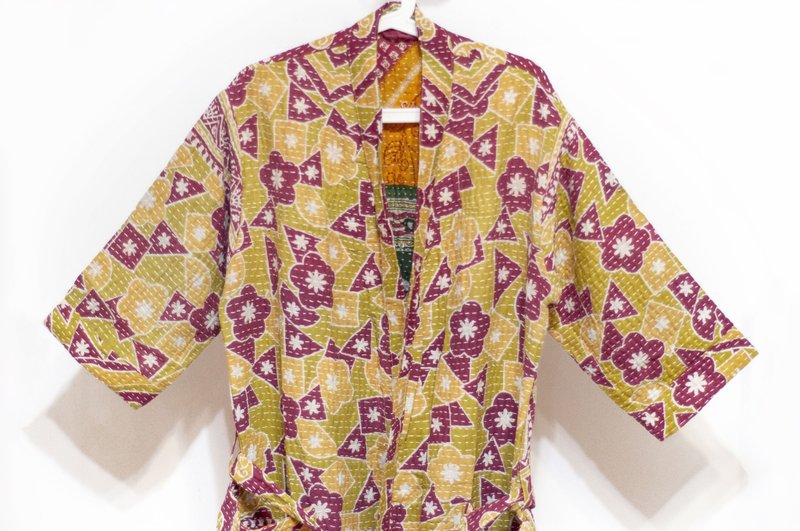 手缝纱丽布拼接纯棉外套 印度纯棉拼布罩衫 纱丽线刺绣长外套-花 - 女装休闲/机能外套 - 棉．麻 多色