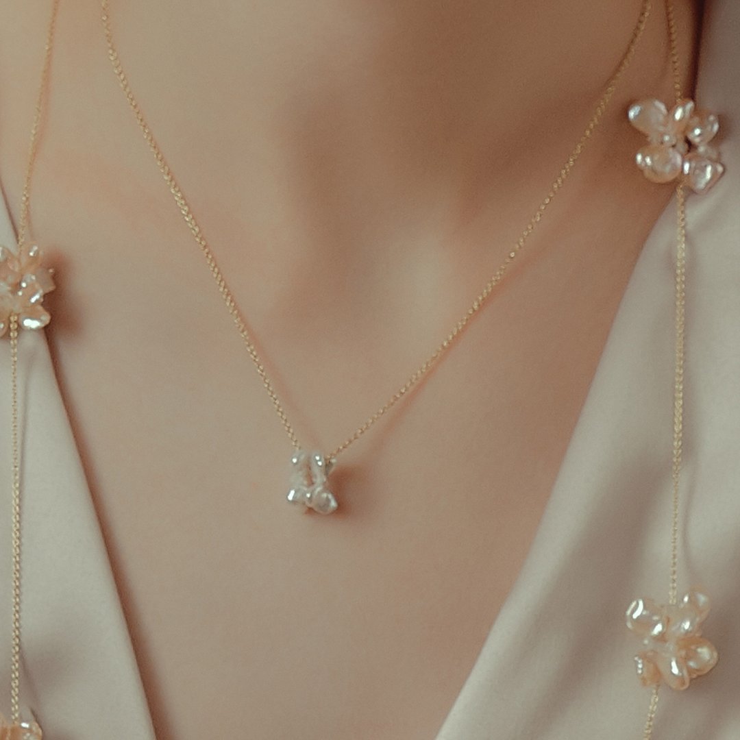 月光石珍珠小花 14K 合金项链 Violet Necklace 母亲礼物 - 项链 - 珍珠 金色