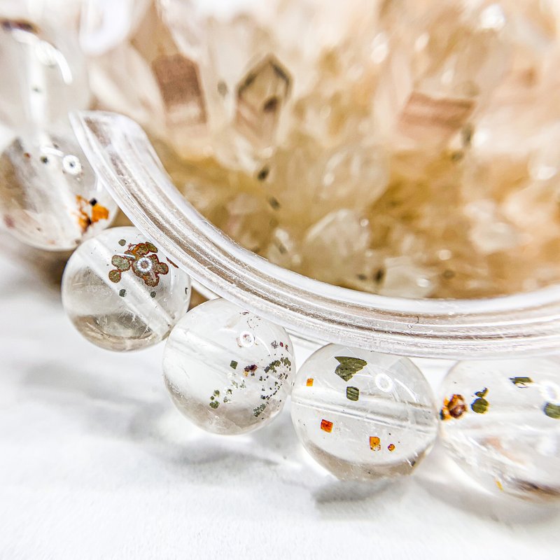 【黄铜矿黄铁矿/红黄胶花】内包共生水晶手串手链 - 手链/手环 - 水晶 白色