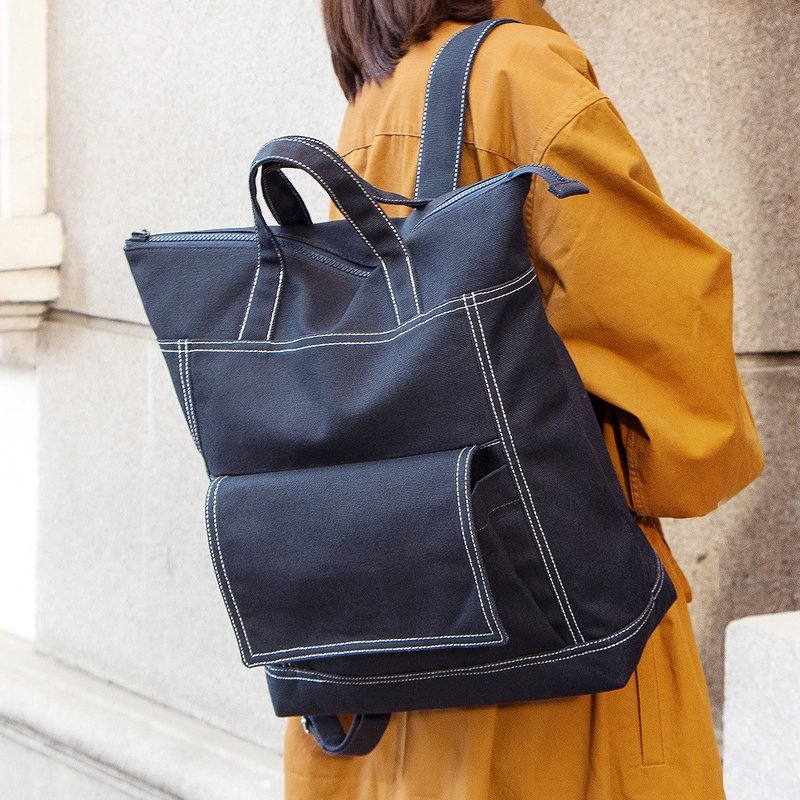 帆布提手后背包 大号UNILINES 男女13寸笔电A4可放 - 后背包/双肩包 - 棉．麻 蓝色