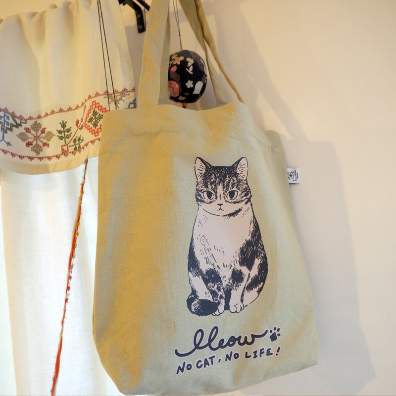 TOTEBAG 原创帆布袋 Chiya Meow no cat, no life. 系列 - 侧背包/斜挎包 - 棉．麻 卡其色