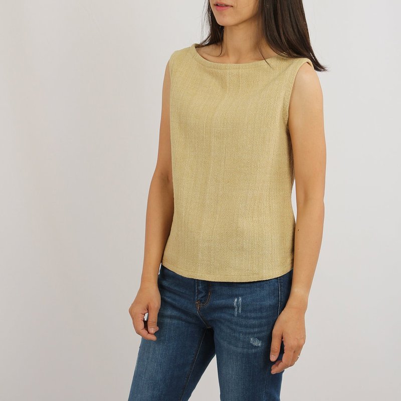 棉麻混纺船型领无袖上衣，柔和黄 - 女装上衣 - 棉．麻 黄色