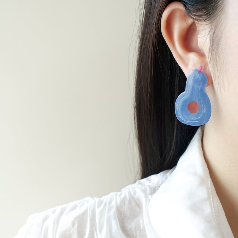 水果花朵蓝梨子原创手作热缩片耳环耳钉可爱手作无耳洞适用 - 耳环/耳夹 - 其他材质 蓝色