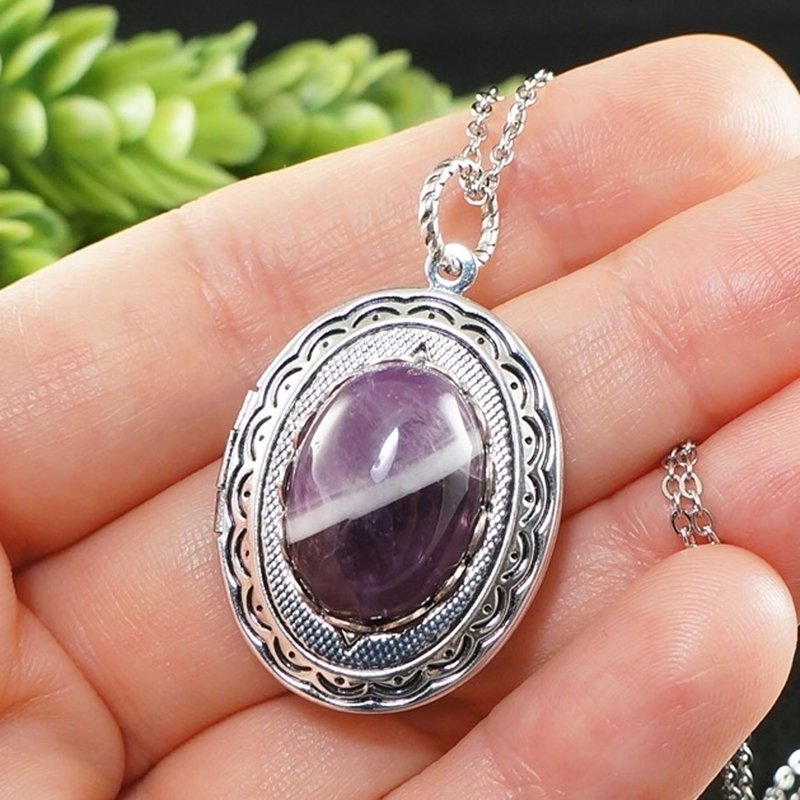 银照片吊饰盒紫色紫水晶纪念品吊坠项链首饰 - 项链 - 宝石 紫色