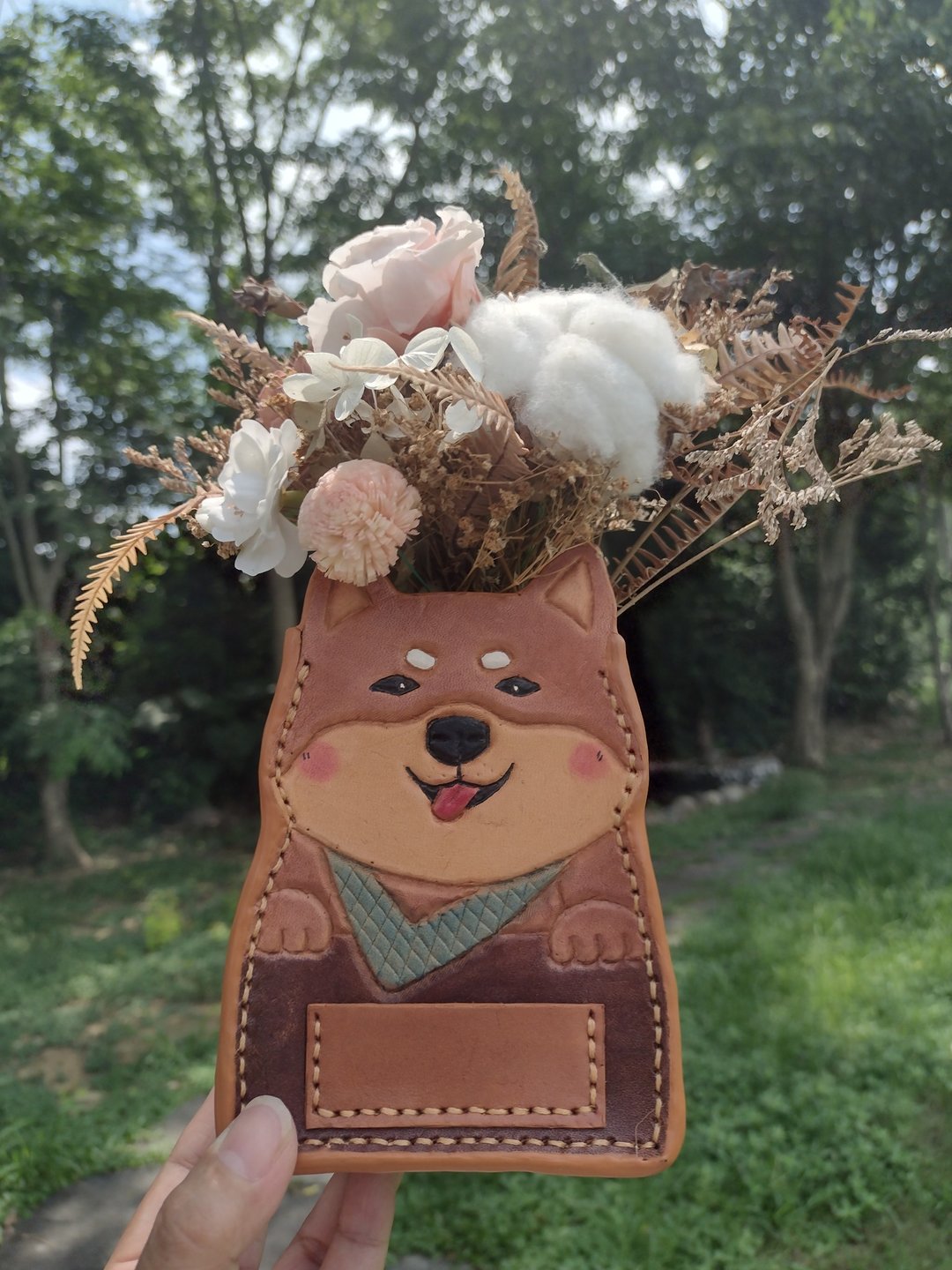 可爱微笑柴犬 黑柴 毛小孩 纯牛皮 笔筒/盆器/存钱筒/置物盒 - 收纳用品 - 真皮 橘色