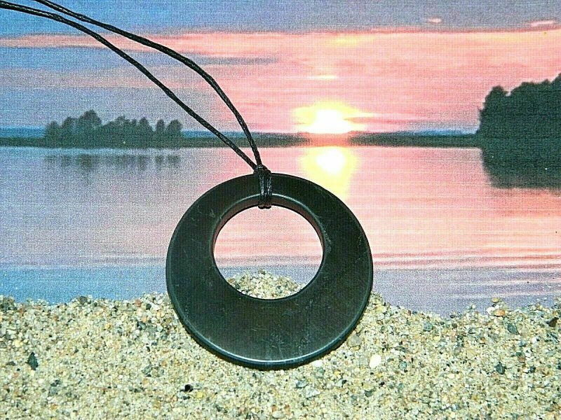 Shungite necklace, shungite double circle pendant, black jewelry, healing stone - 项链 - 石头 黑色