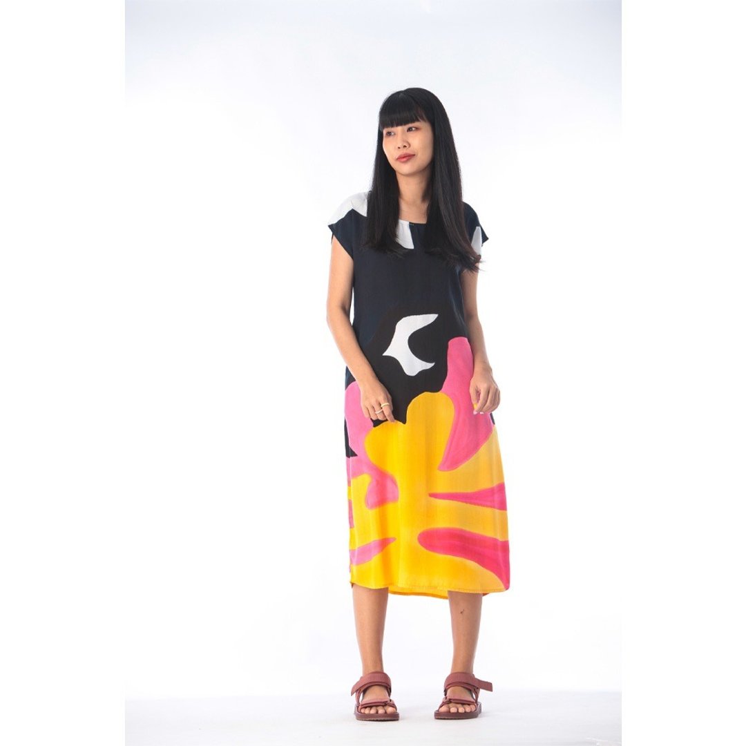 Long Dress Cotton Rayon Hand Paint - 洋装/连衣裙 - 棉 蓝色