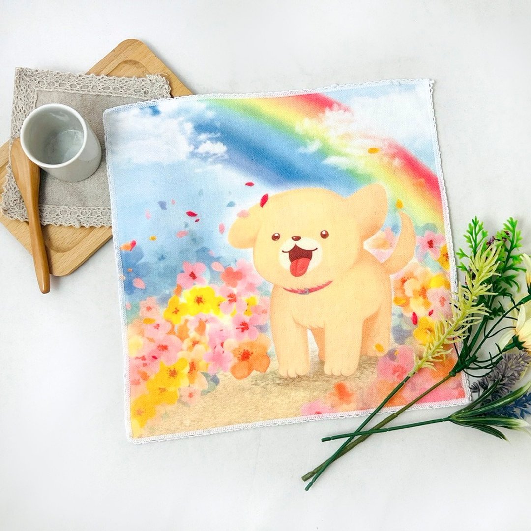 纯棉100% MIT不掉色::插画小方巾-彩虹小狗 - 手帕/方巾 - 棉 粉红色