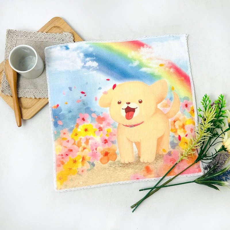 纯棉100% MIT不掉色::插画小方巾-彩虹小狗 - 手帕/方巾 - 棉．麻 粉红色