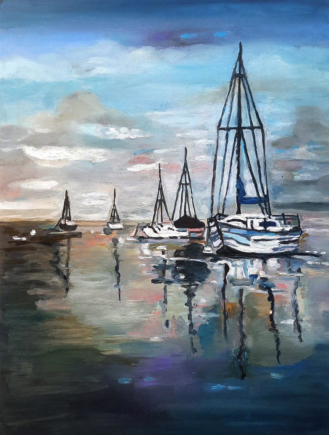 Sailboat  Painting  Original Art  Oil Painting  Wall Decor Oil On Canvas - 墙贴/壁贴 - 其他材质 灰色