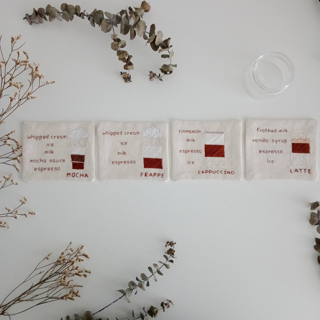 Coffee coaster set 4 PCS hand embroidered 100% cotton fabric - 杯垫 - 棉 白色