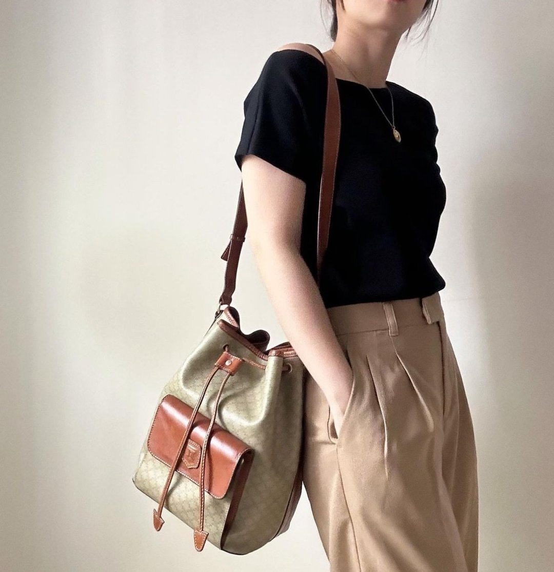 中古 Celine 浅啡老花 水桶包 - 束口袋双肩包 - 真皮 