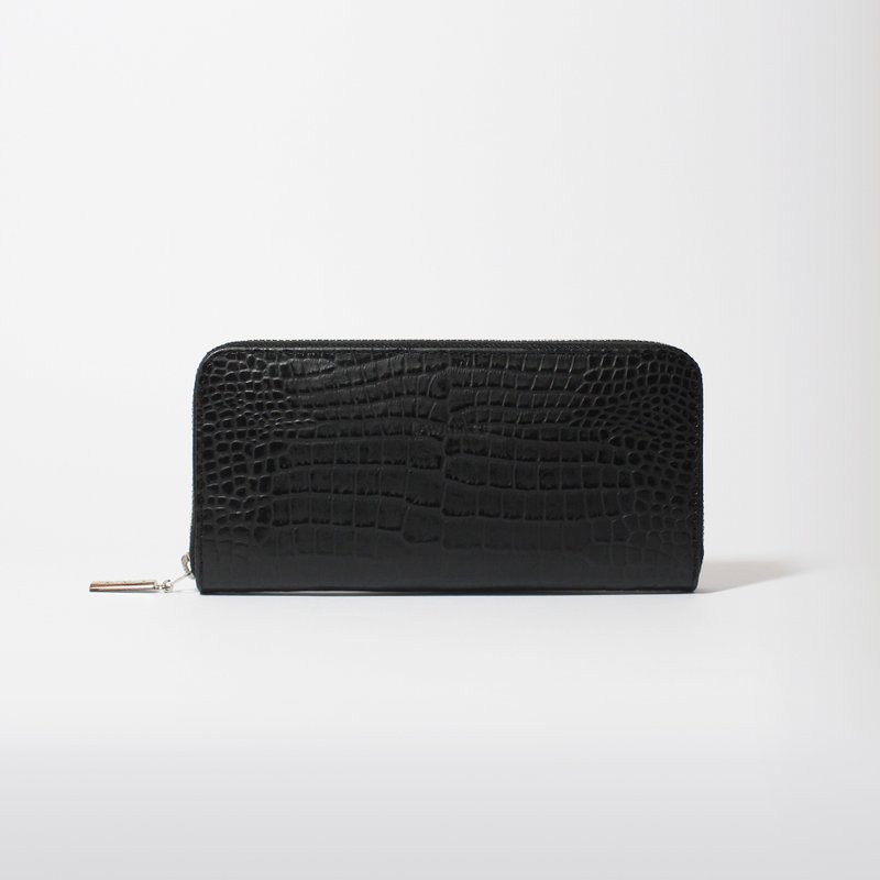 黑色鳄鱼压纹牛皮拉链长夹 生日情人节礼物 - 皮夹/钱包 - 真皮 黑色