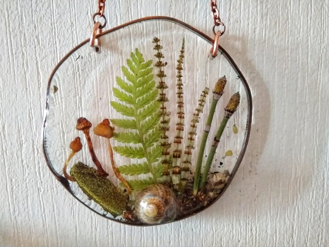 Pressed flower frame with ferns and mushrooms / Mushroom decor wall hanging - 墙贴/壁贴 - 植物．花 绿色