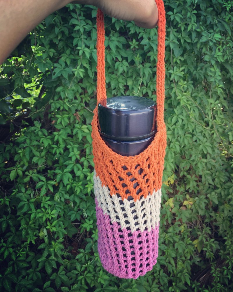 网状编织水壶提袋/饮料提袋( 橘白粉红 ) - 随行杯提袋/水壶袋 - 棉．麻 