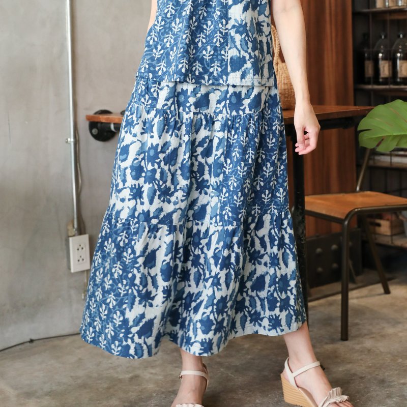 Natural Cotton Skirt Mixed fabric Elasticated waistband Long Skirt -Blue & White - 裙子 - 棉．麻 蓝色