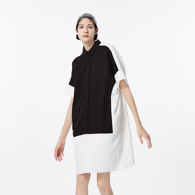 浮雕配色拼接缇花小洋装 - 洋装/连衣裙 - 棉．麻 黑色