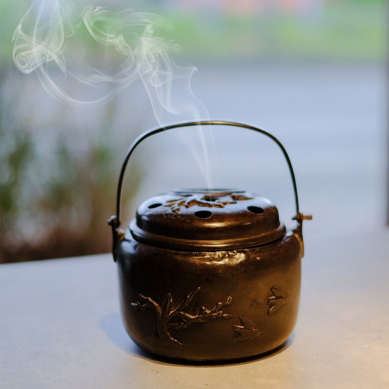 【日本古美术】古铜雕鸟龟纹 行香炉 手炉 中尾宗贞 - 香薰/精油/线香 - 铜/黄铜 