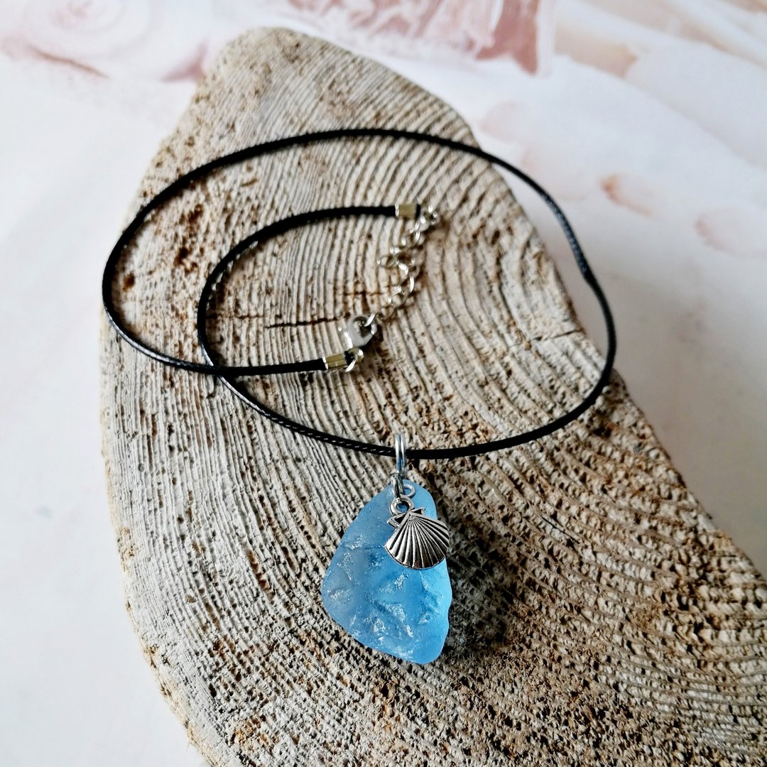 Sea shells Sea glass pendant浪漫 天然貝殼 項鍊 Cute Birthday present女朋友禮物 姊妹禮物 - 项链 - 玻璃 蓝色