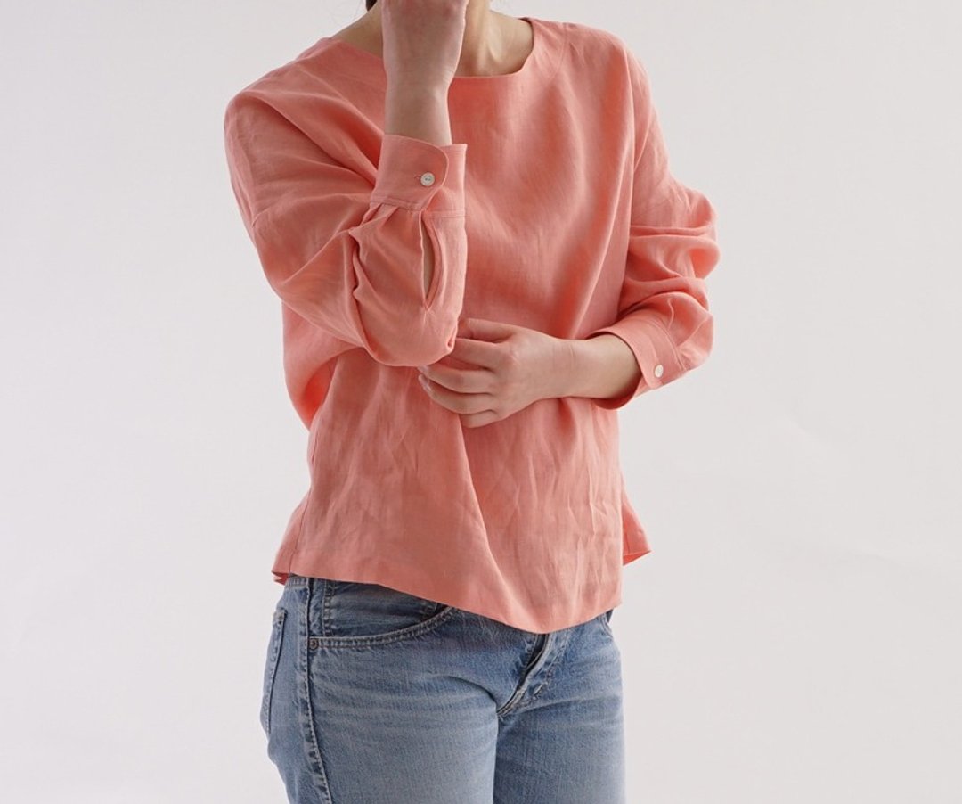 Lithuania linen cufflink shirt sleeve drop shoulder tops / Vesta t002a-vet1 - 女装上衣 - 棉 粉红色