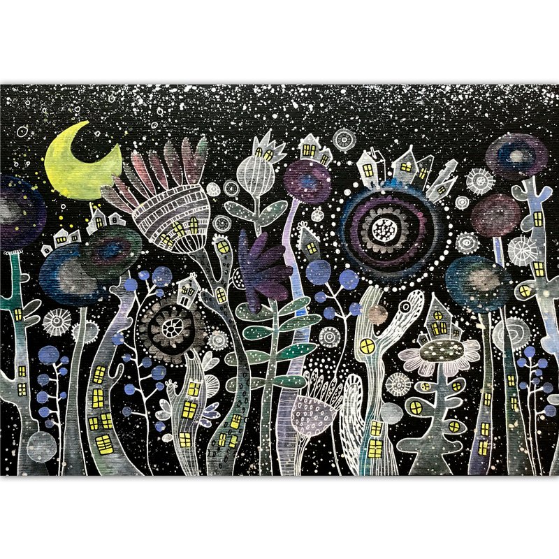 Fairytale painting Original art Fantasy floral wall art Whimsical wall decor - 海报/装饰画/版画 - 纸 黑色